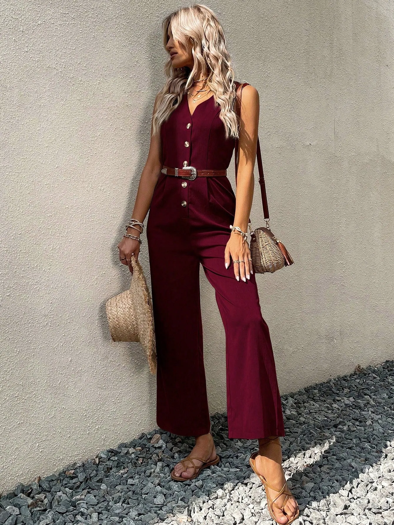 Button Front Sleeveless Jumpsuit Without Belt