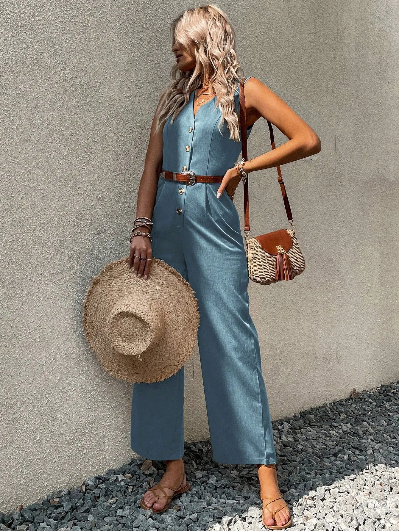 Button Front Sleeveless Jumpsuit Without Belt
