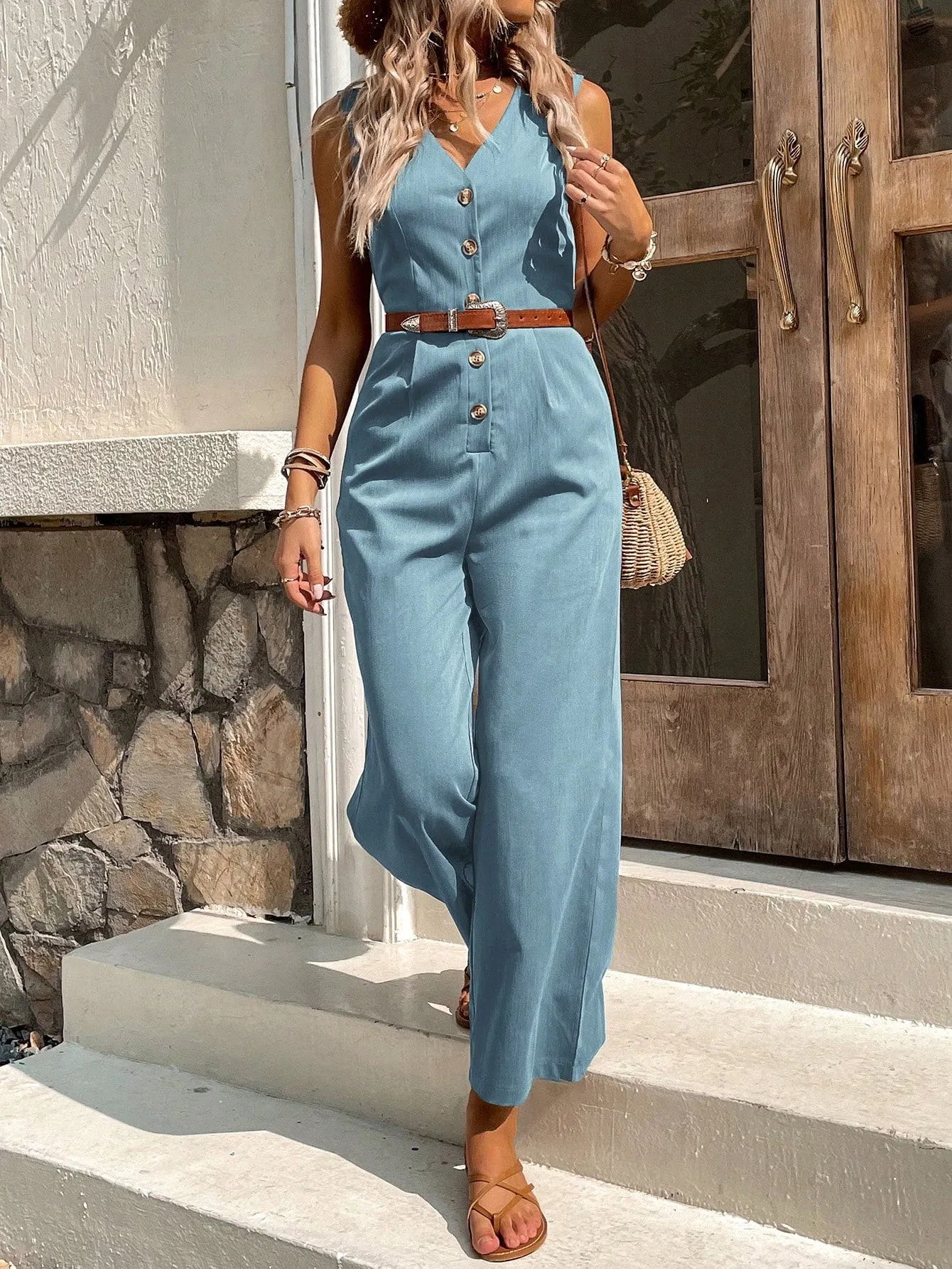 Button Front Sleeveless Jumpsuit Without Belt