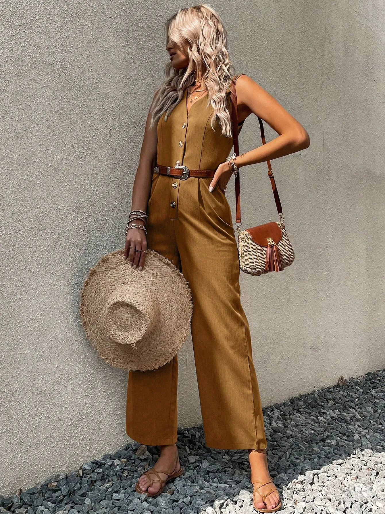 Button Front Sleeveless Jumpsuit Without Belt