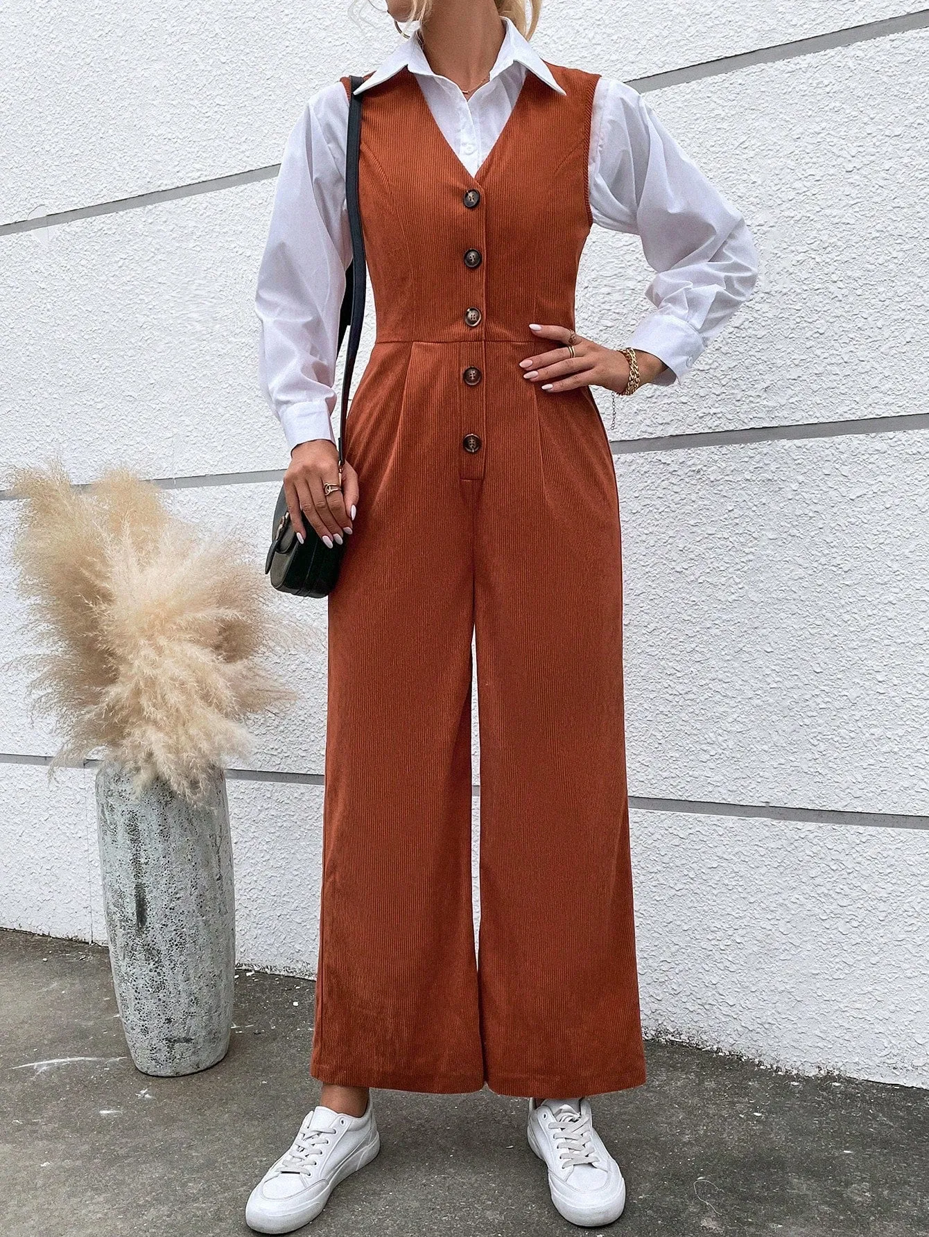 Button Front Sleeveless Jumpsuit Without Belt