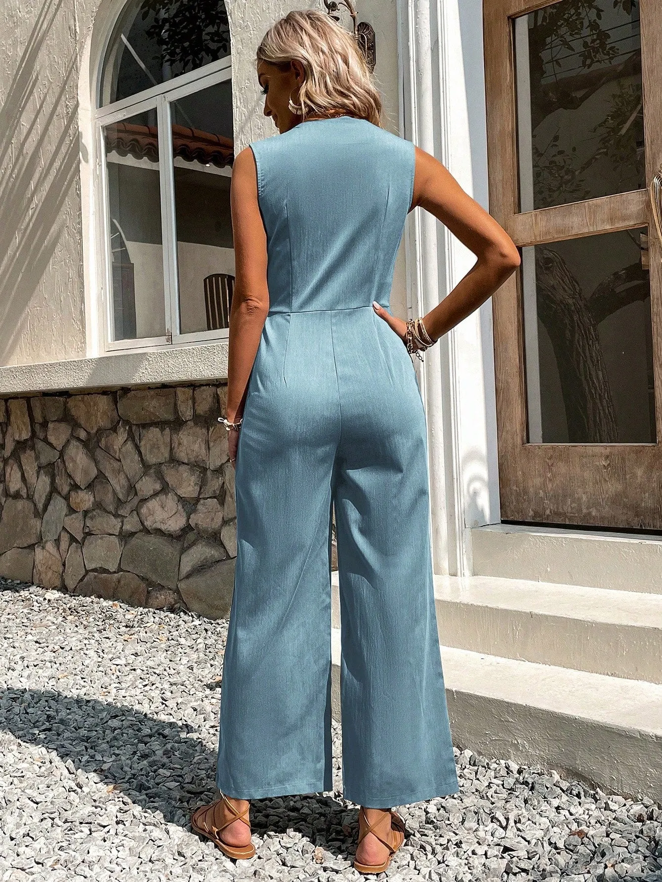 Button Front Sleeveless Jumpsuit Without Belt