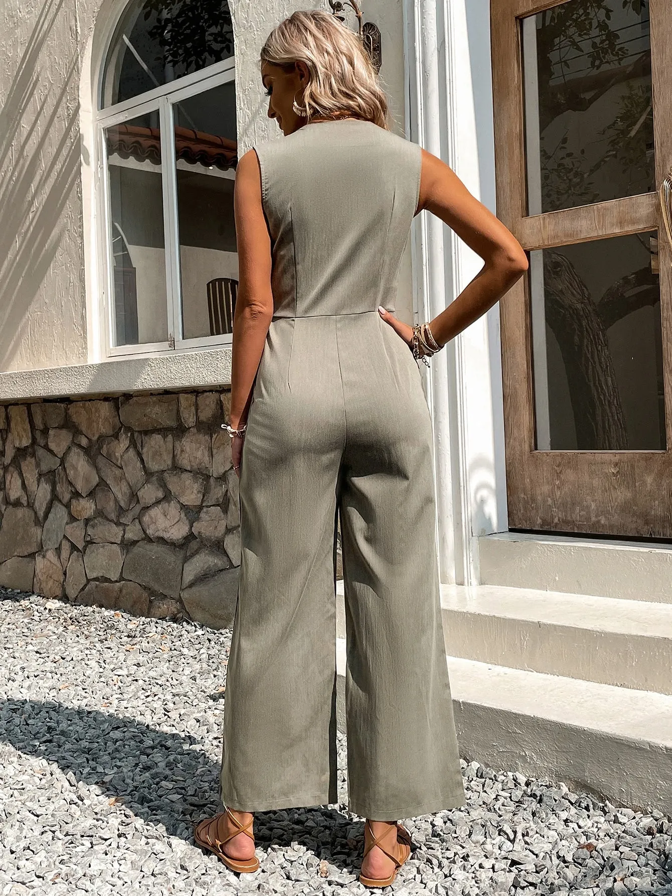 Button Front Sleeveless Jumpsuit Without Belt