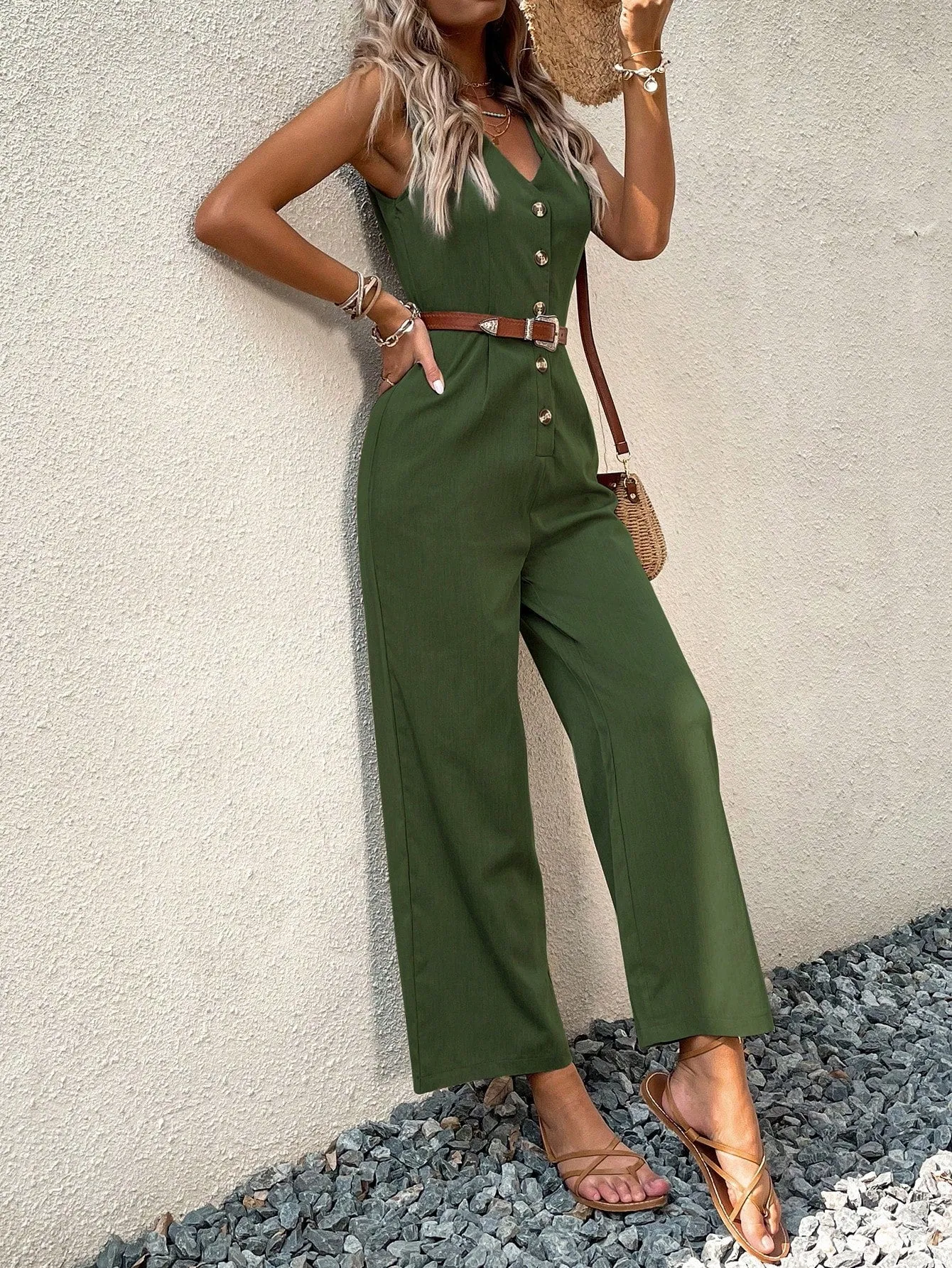 Button Front Sleeveless Jumpsuit Without Belt