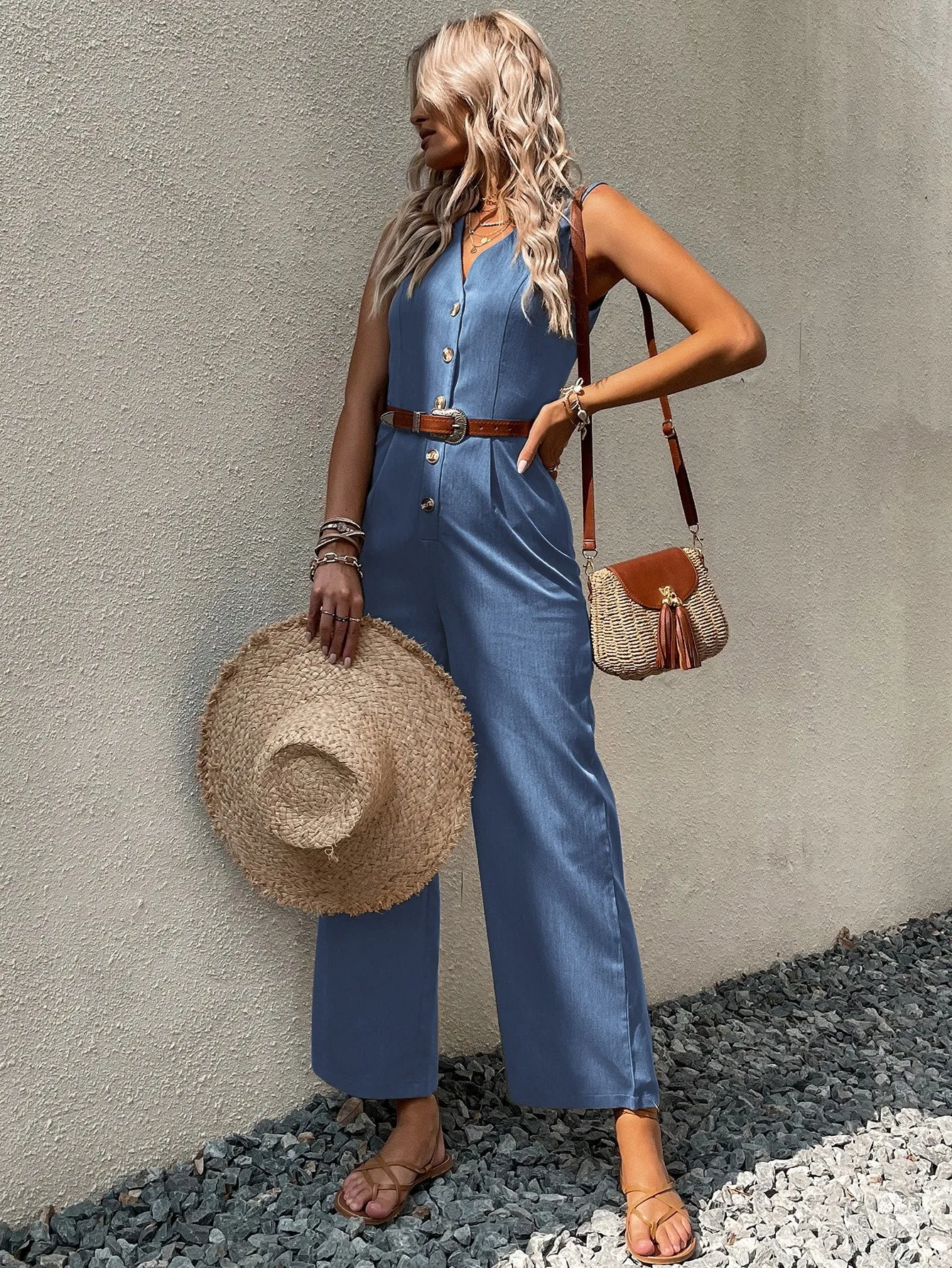 Button Front Sleeveless Jumpsuit Without Belt