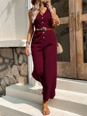 Button Front Sleeveless Jumpsuit Without Belt