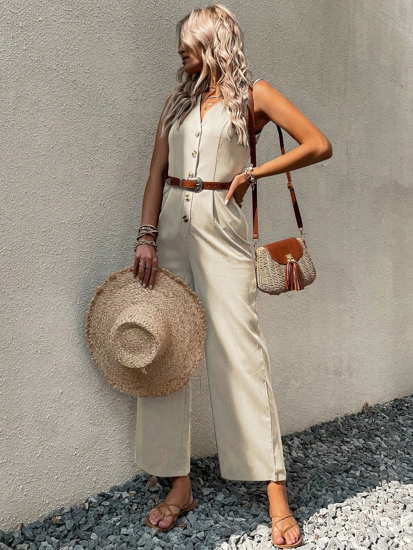 Button Front Sleeveless Jumpsuit Without Belt