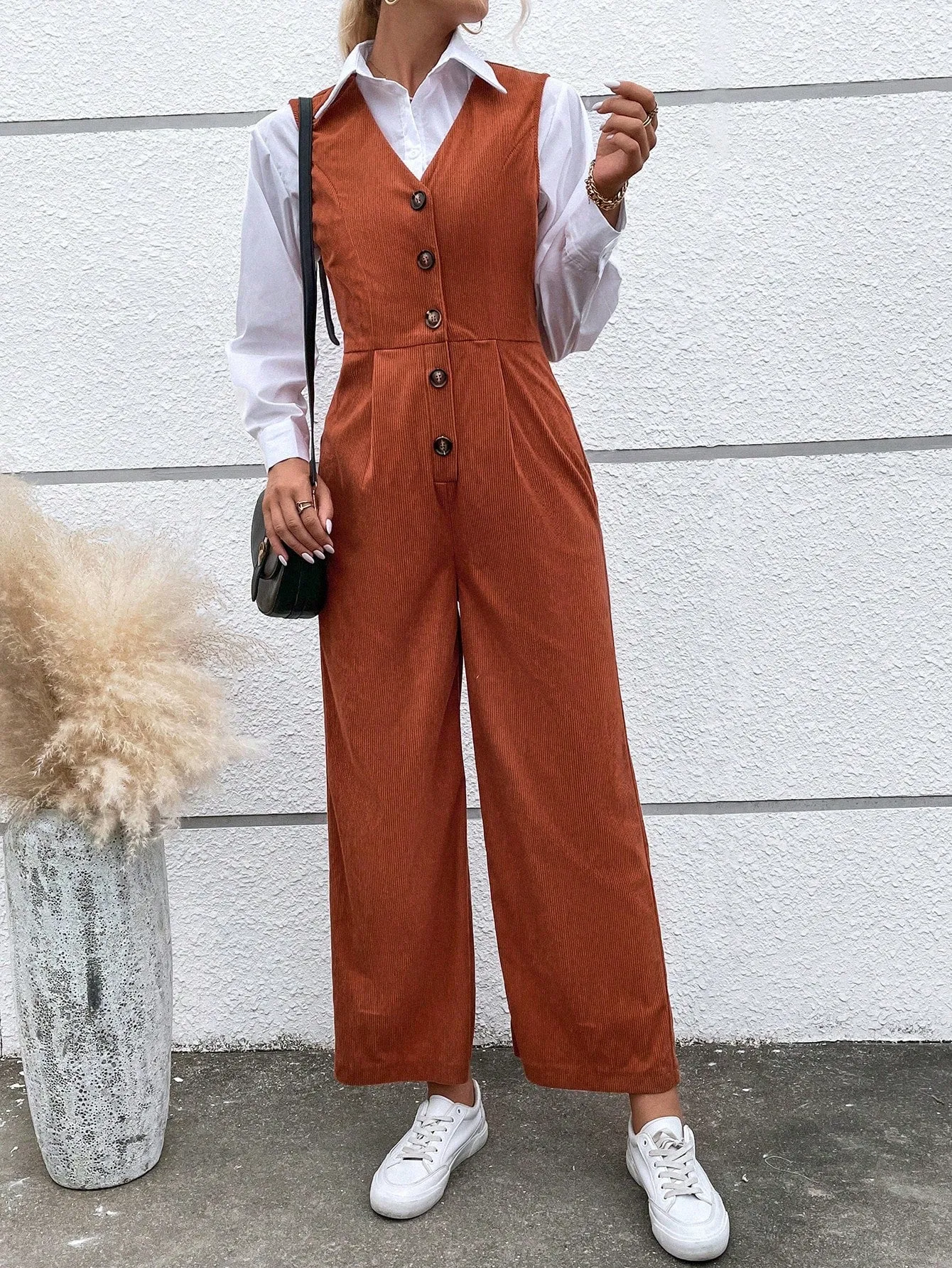 Button Front Sleeveless Jumpsuit Without Belt