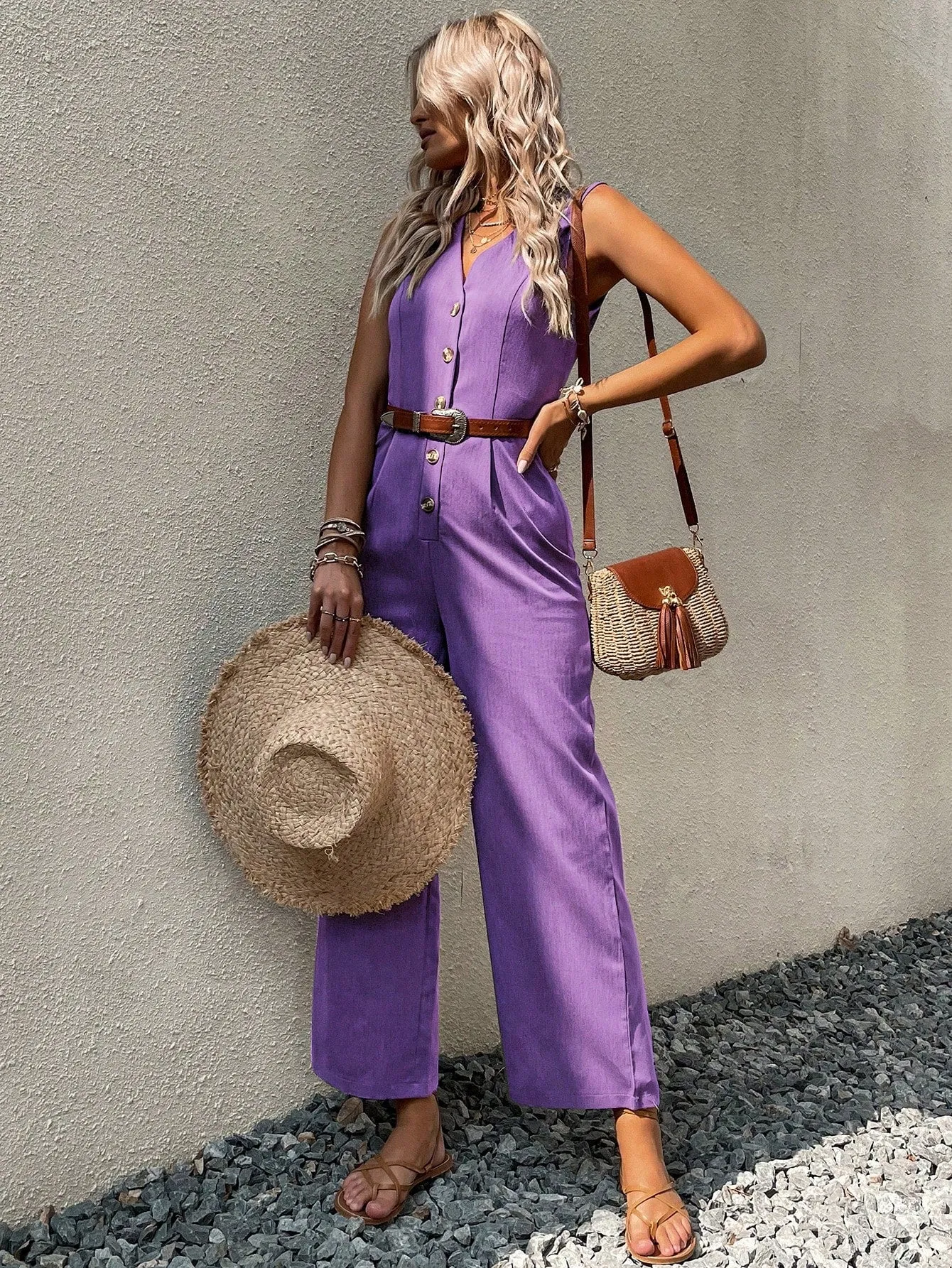Button Front Sleeveless Jumpsuit Without Belt