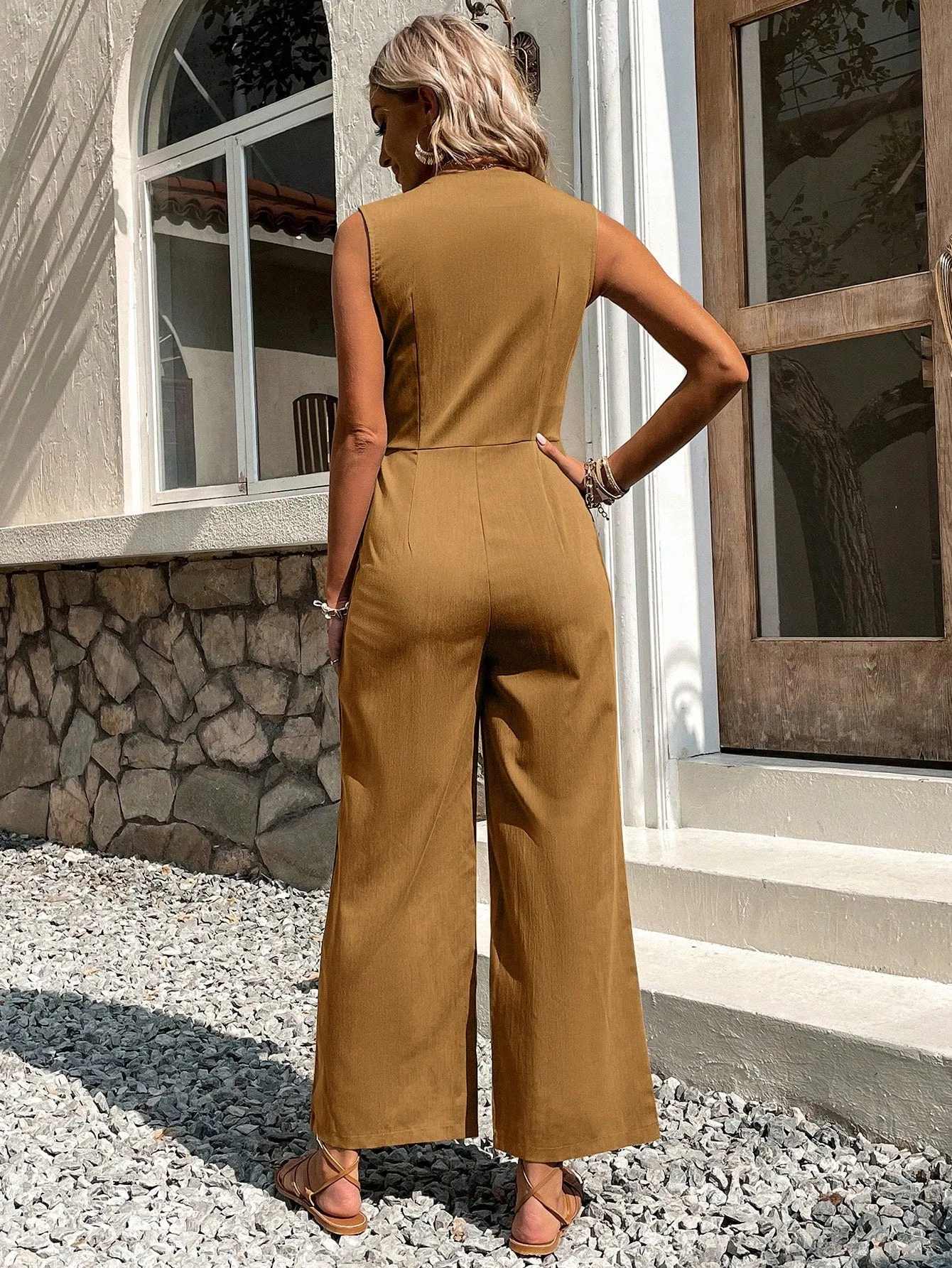 Button Front Sleeveless Jumpsuit Without Belt