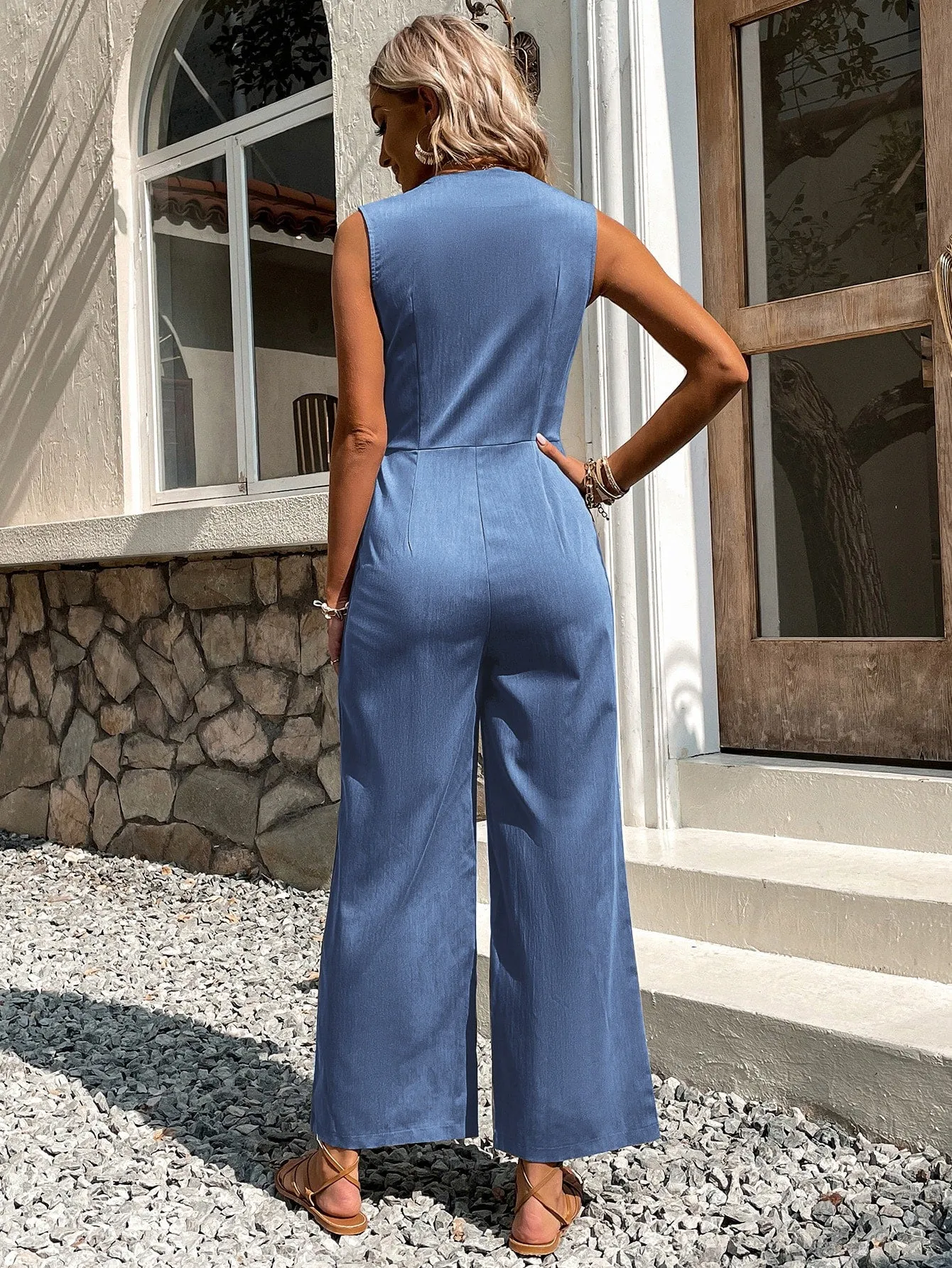 Button Front Sleeveless Jumpsuit Without Belt