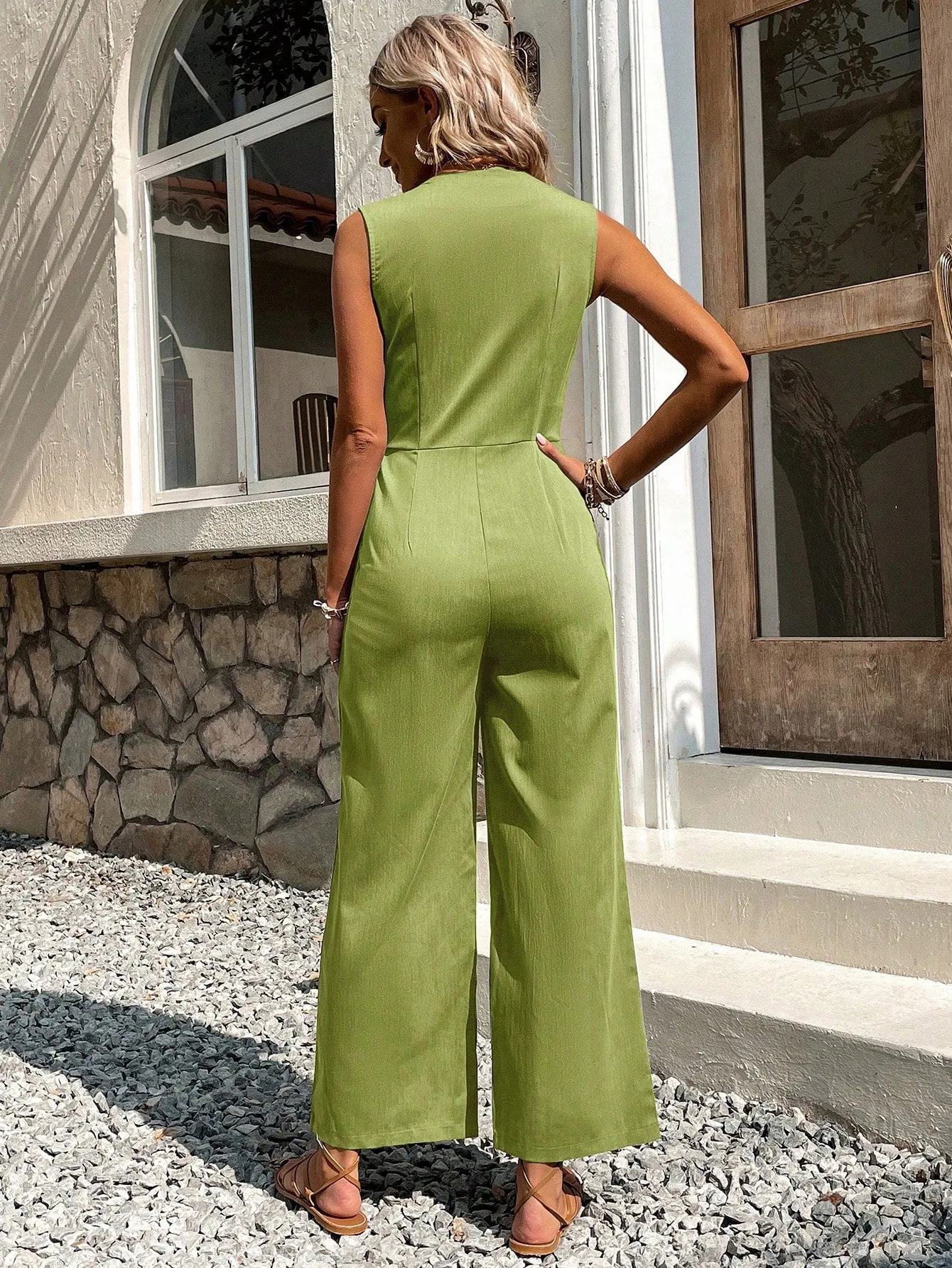 Button Front Sleeveless Jumpsuit Without Belt