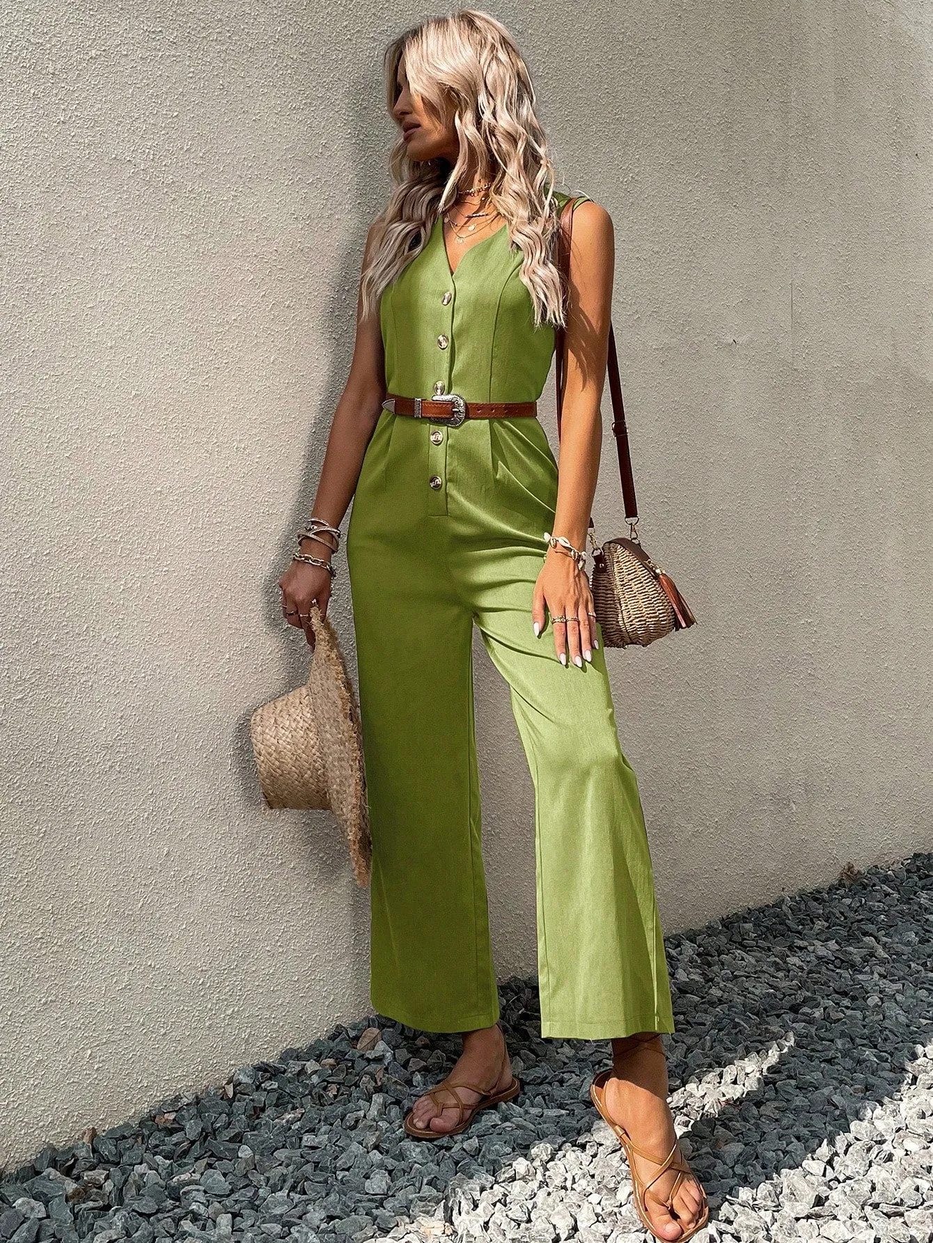 Button Front Sleeveless Jumpsuit Without Belt
