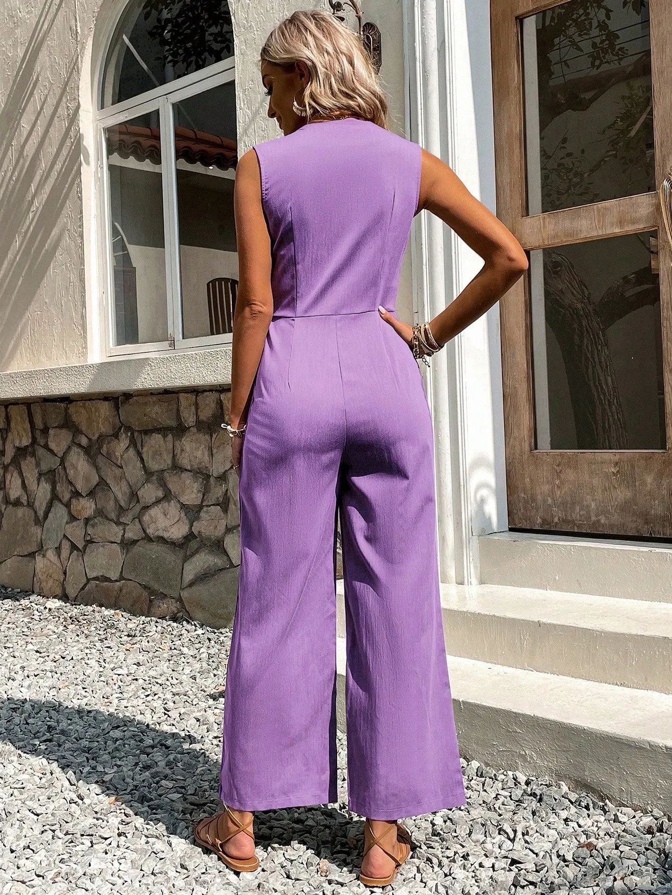 Button Front Sleeveless Jumpsuit Without Belt