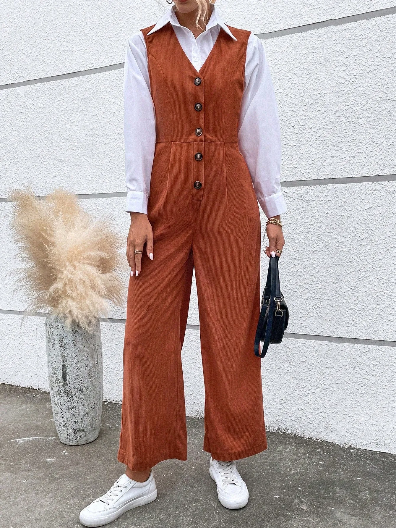 Button Front Sleeveless Jumpsuit Without Belt