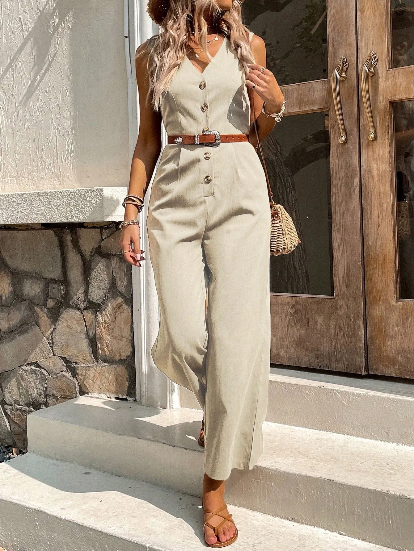 Button Front Sleeveless Jumpsuit Without Belt