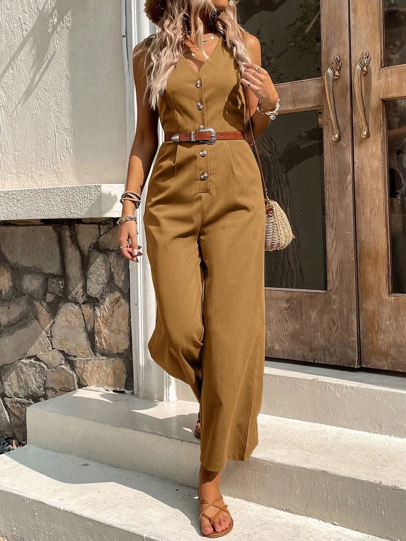 Button Front Sleeveless Jumpsuit Without Belt