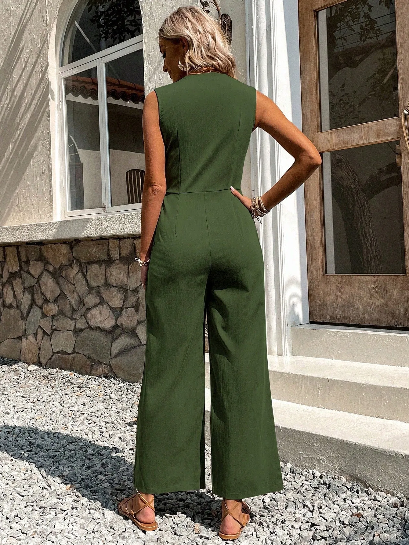 Button Front Sleeveless Jumpsuit Without Belt