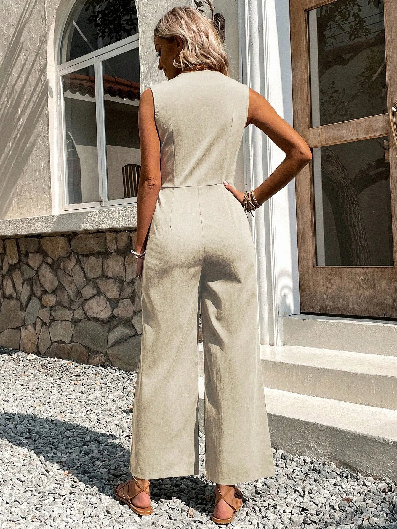 Button Front Sleeveless Jumpsuit Without Belt