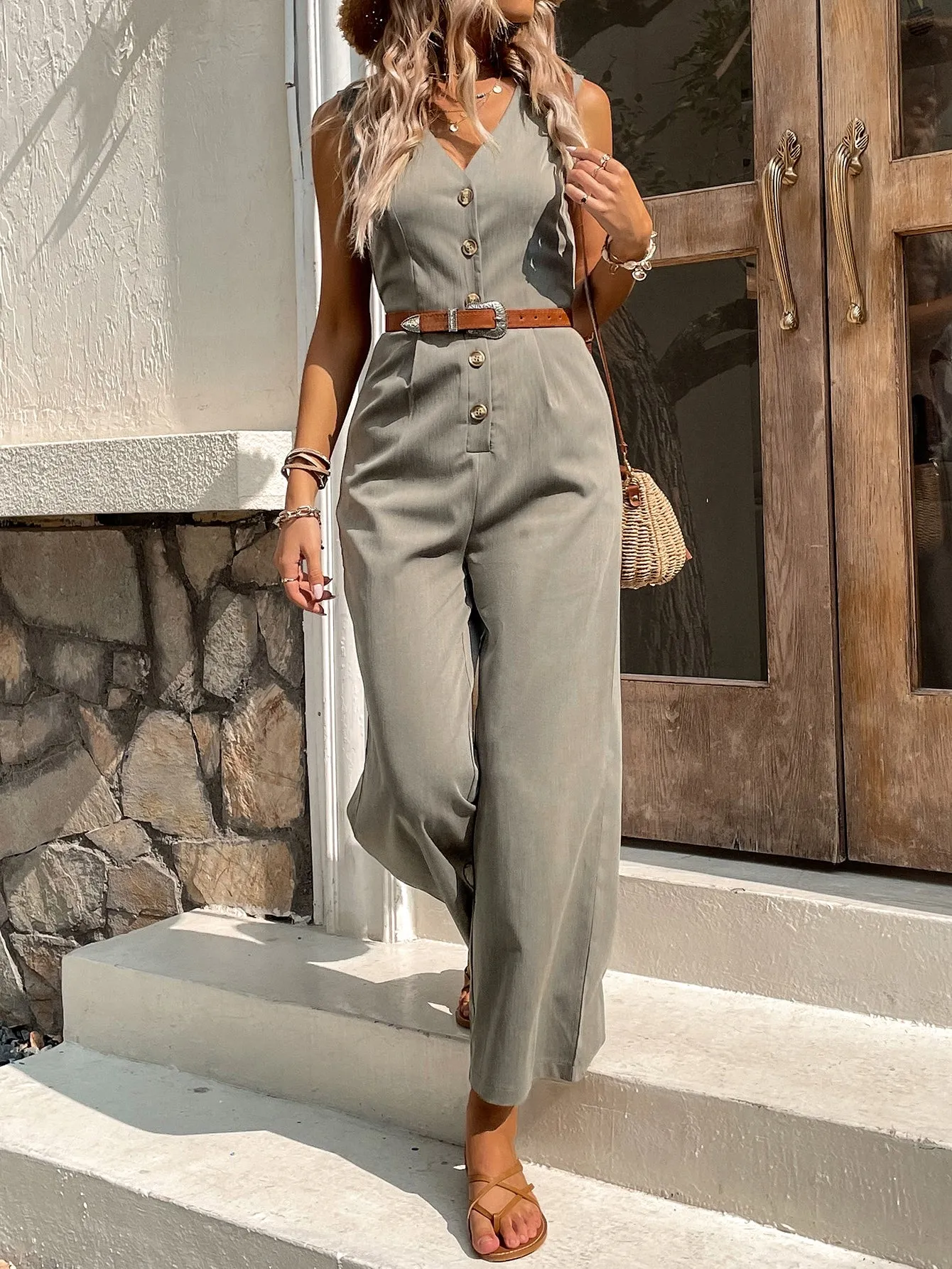 Button Front Sleeveless Jumpsuit Without Belt