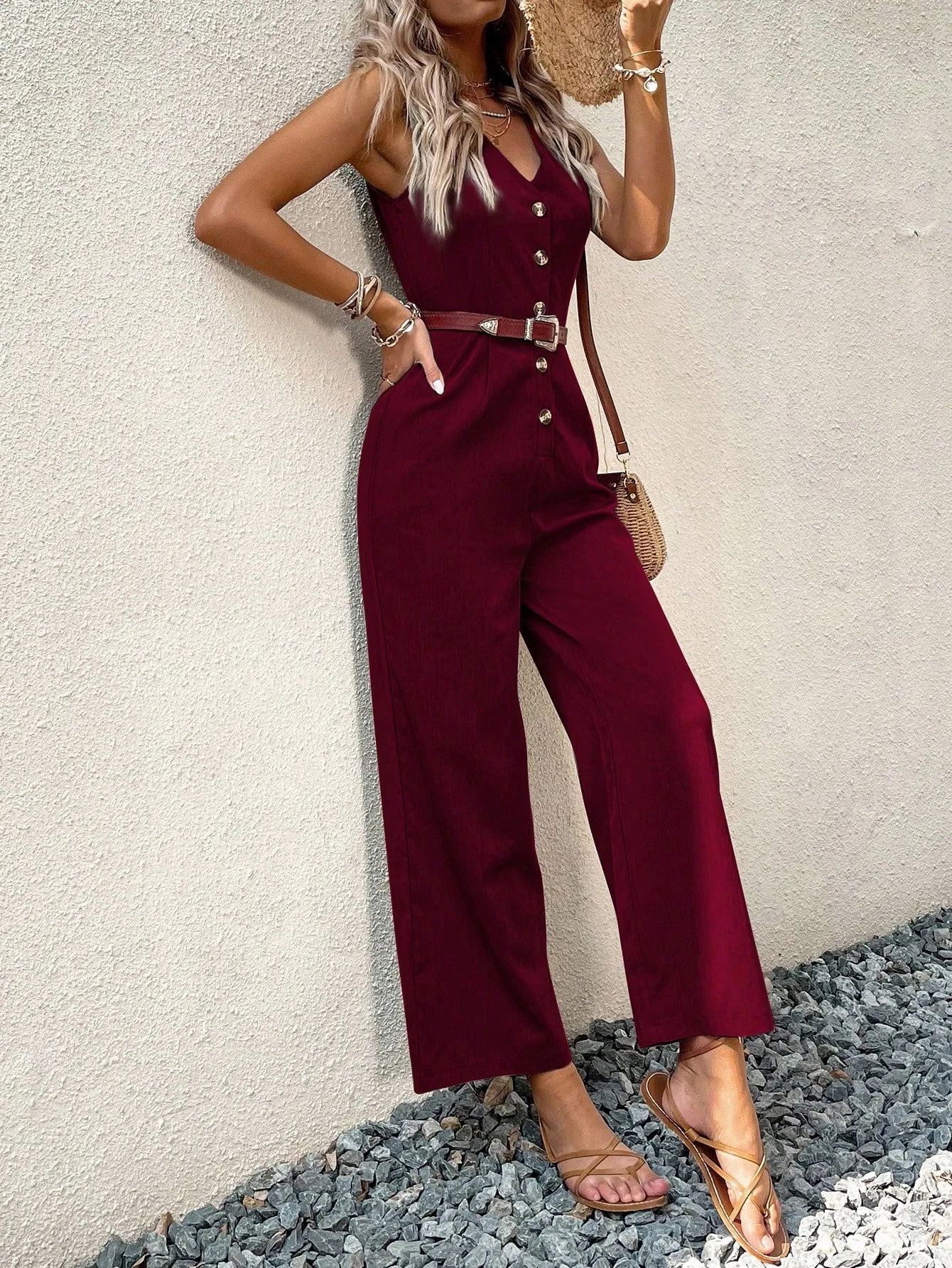 Button Front Sleeveless Jumpsuit Without Belt
