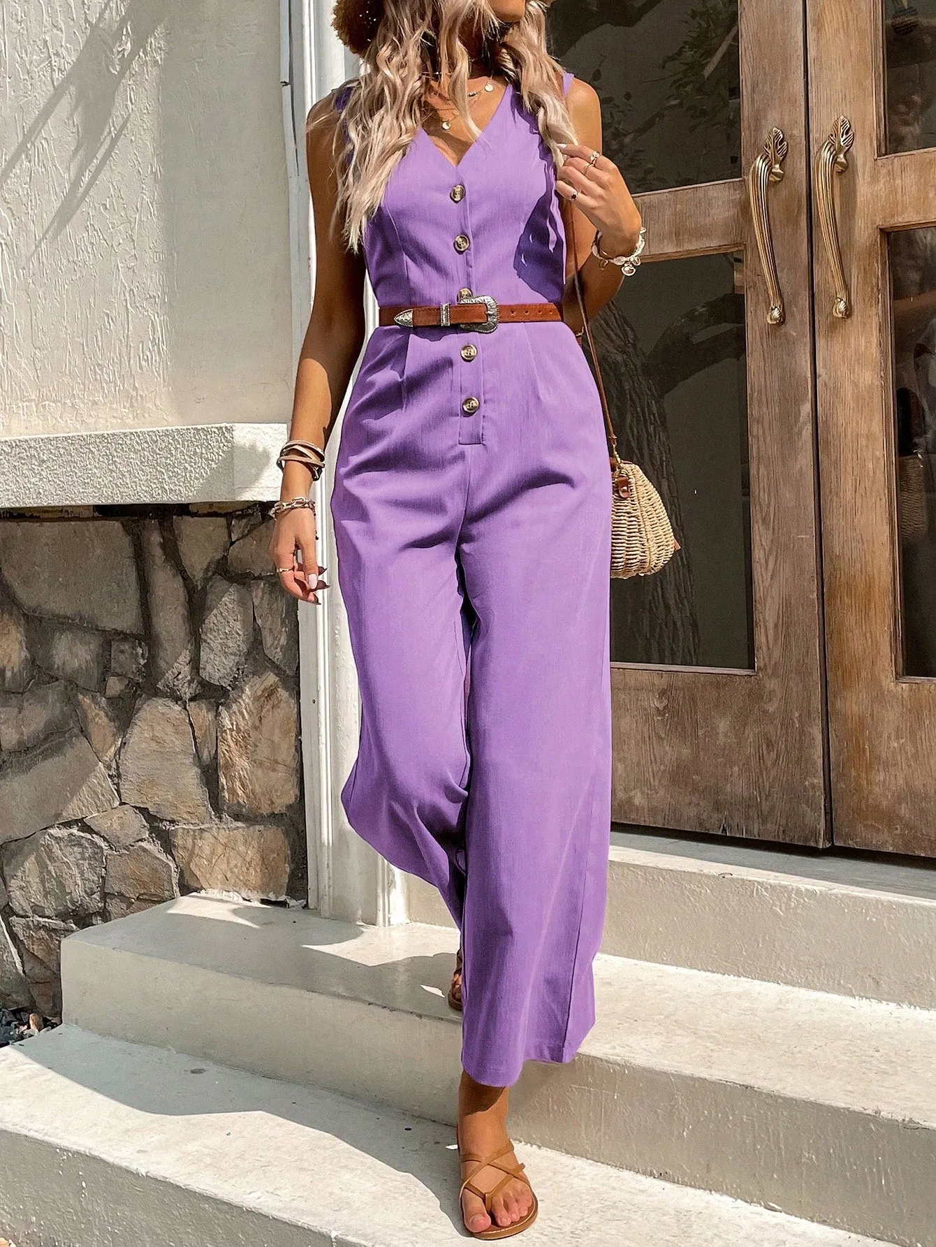 Button Front Sleeveless Jumpsuit Without Belt