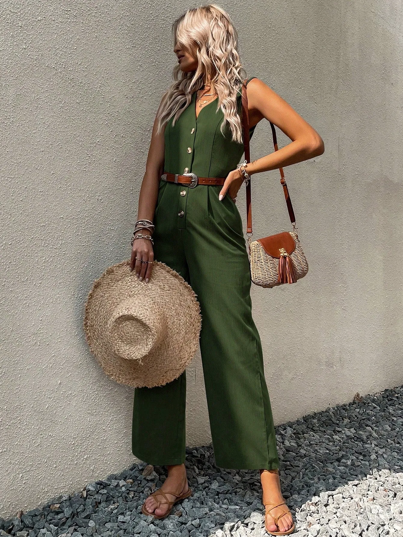 Button Front Sleeveless Jumpsuit Without Belt