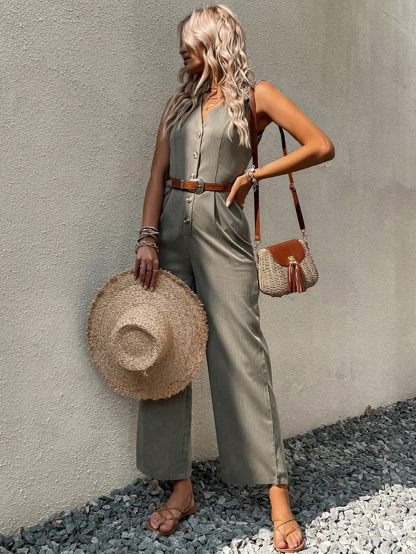 Button Front Sleeveless Jumpsuit Without Belt