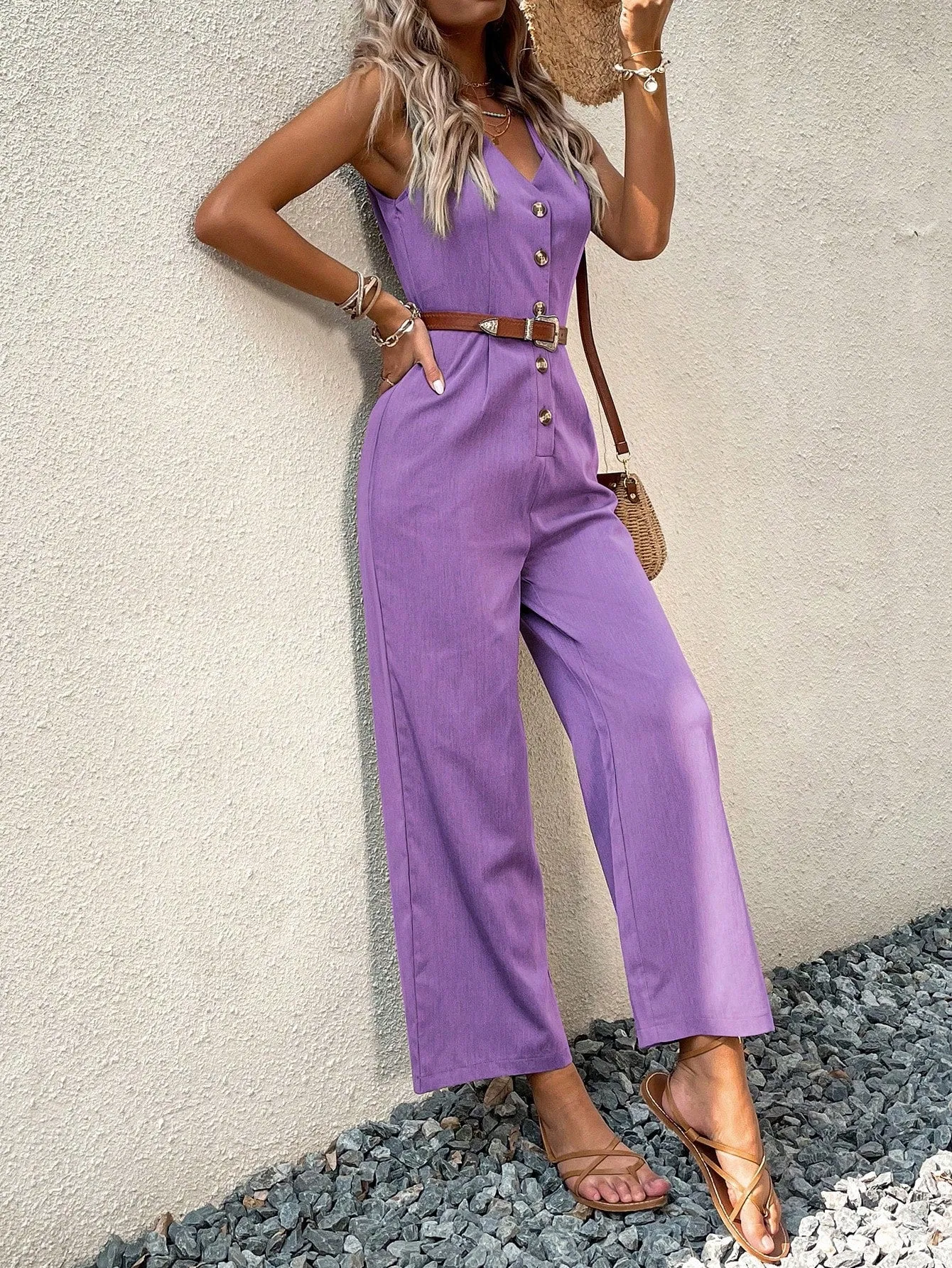 Button Front Sleeveless Jumpsuit Without Belt