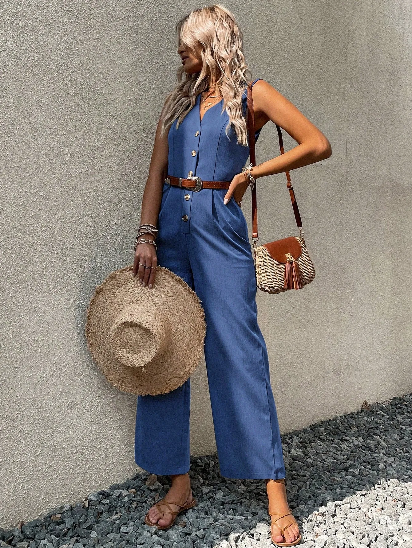 Button Front Sleeveless Jumpsuit Without Belt