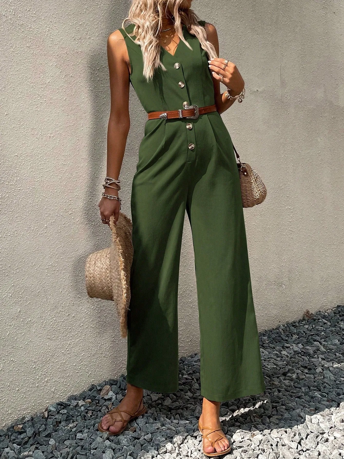 Button Front Sleeveless Jumpsuit Without Belt