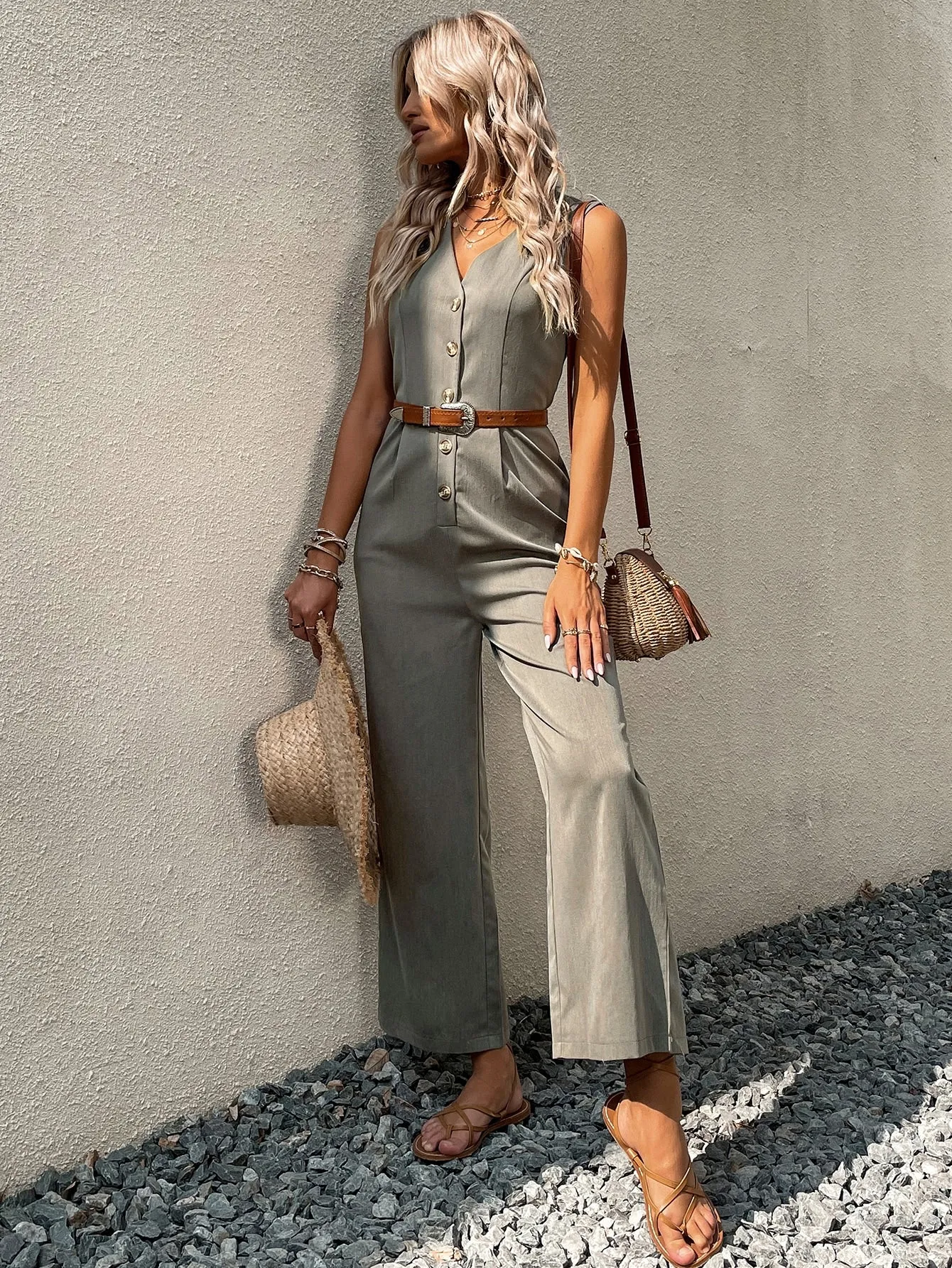 Button Front Sleeveless Jumpsuit Without Belt