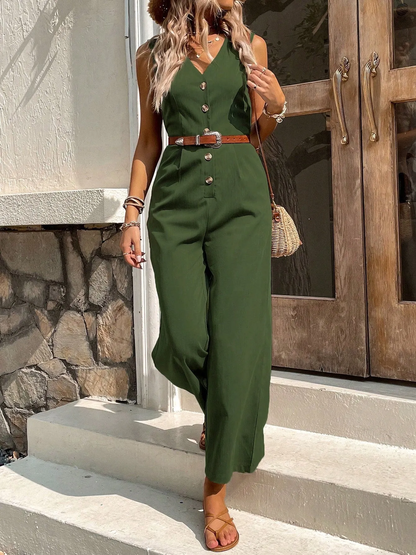 Button Front Sleeveless Jumpsuit Without Belt