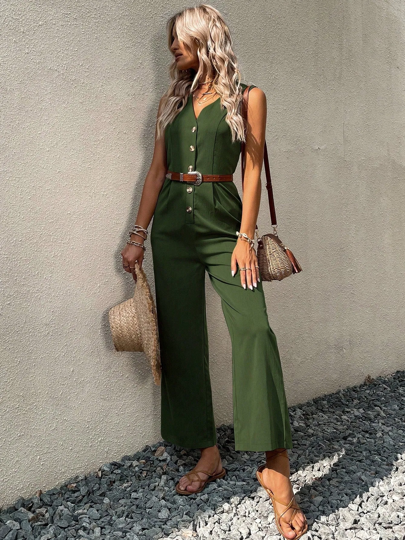 Button Front Sleeveless Jumpsuit Without Belt