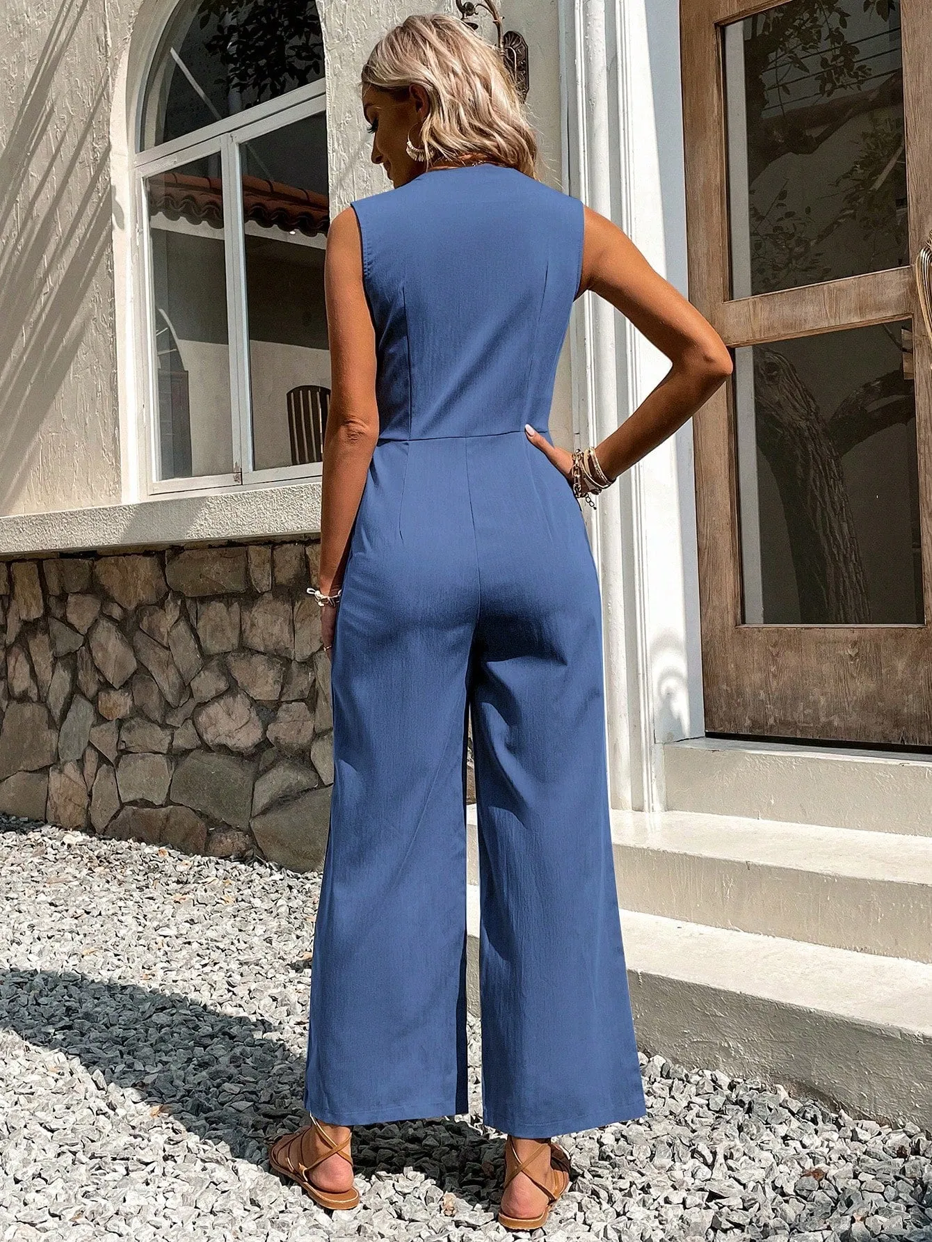 Button Front Sleeveless Jumpsuit Without Belt