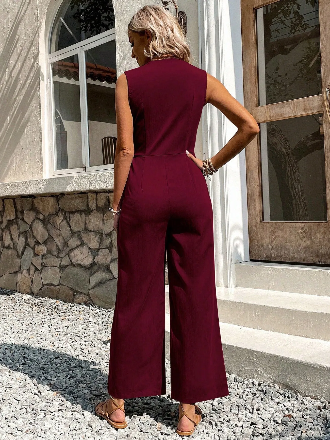 Button Front Sleeveless Jumpsuit Without Belt