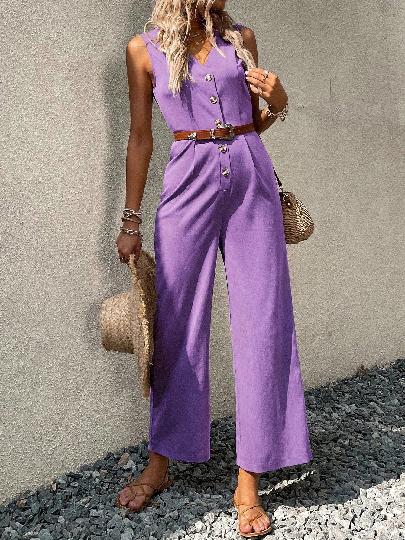 Button Front Sleeveless Jumpsuit Without Belt