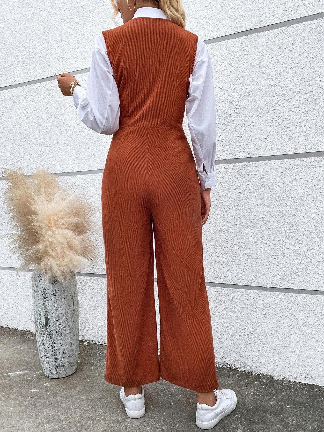 Button Front Sleeveless Jumpsuit Without Belt