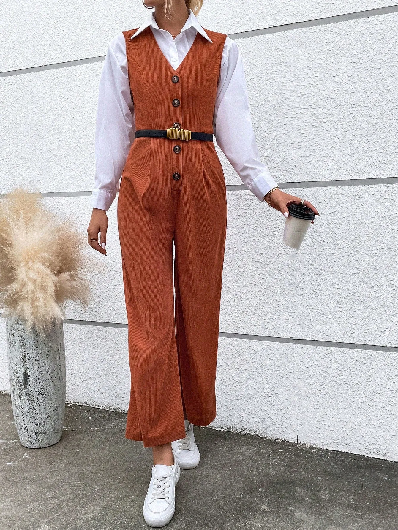 Button Front Sleeveless Jumpsuit Without Belt