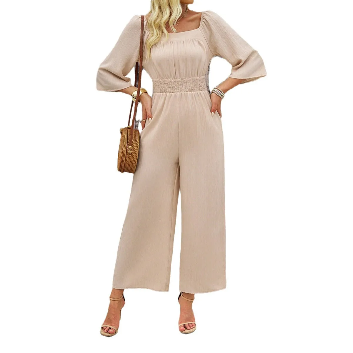 Casual Solid Color Short-Sleeved Wide-Leg Jumpsuit Wholesale Womens Clothing N3824062100013