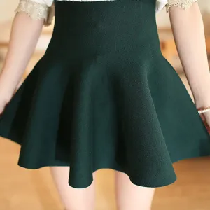 Casual Women Mini Skirt High Waisted Flared Pleated Jersey Plain Skater Short Knitted Elastic Skirt