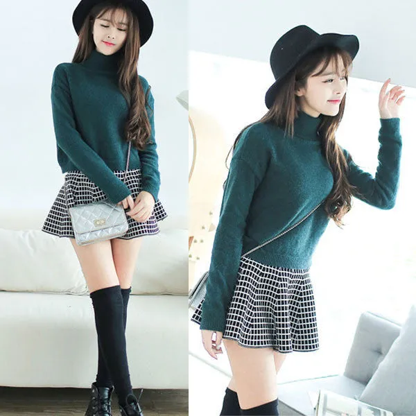 Casual Women Mini Skirt High Waisted Flared Pleated Jersey Plain Skater Short Knitted Elastic Skirt