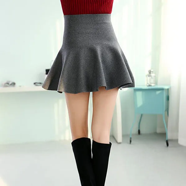 Casual Women Mini Skirt High Waisted Flared Pleated Jersey Plain Skater Short Knitted Elastic Skirt