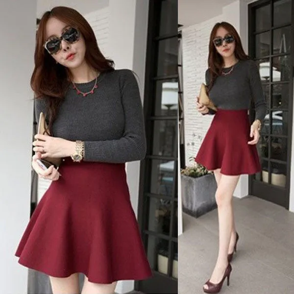 Casual Women Mini Skirt High Waisted Flared Pleated Jersey Plain Skater Short Knitted Elastic Skirt