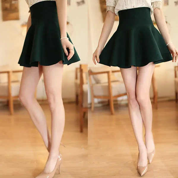 Casual Women Mini Skirt High Waisted Flared Pleated Jersey Plain Skater Short Knitted Elastic Skirt