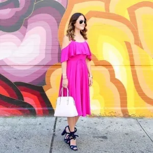 CECE Cynthia Steffe Flowy Fuchsia Flounce Sleeve Cold Shoulder Midi Dress Sz: 0