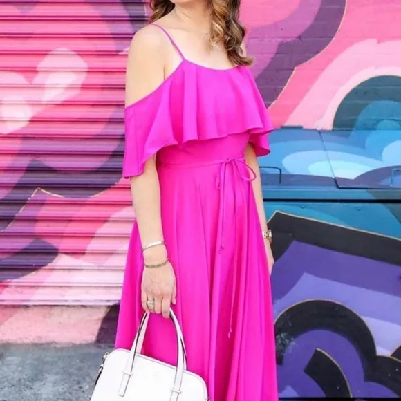 CECE Cynthia Steffe Flowy Fuchsia Flounce Sleeve Cold Shoulder Midi Dress Sz: 0