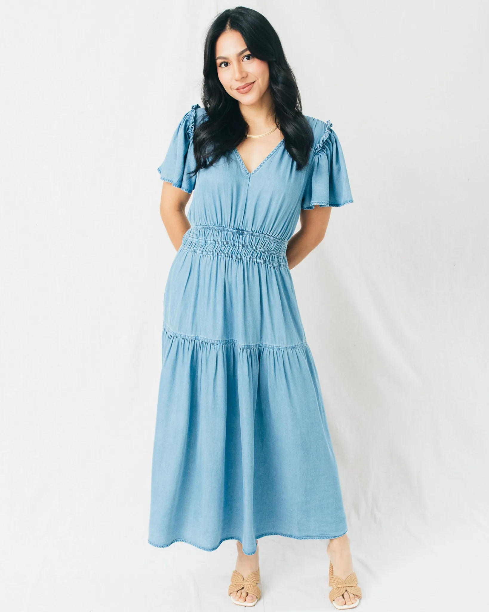Celie V-Neck Empire Waist Short Sleeve Midi Dress