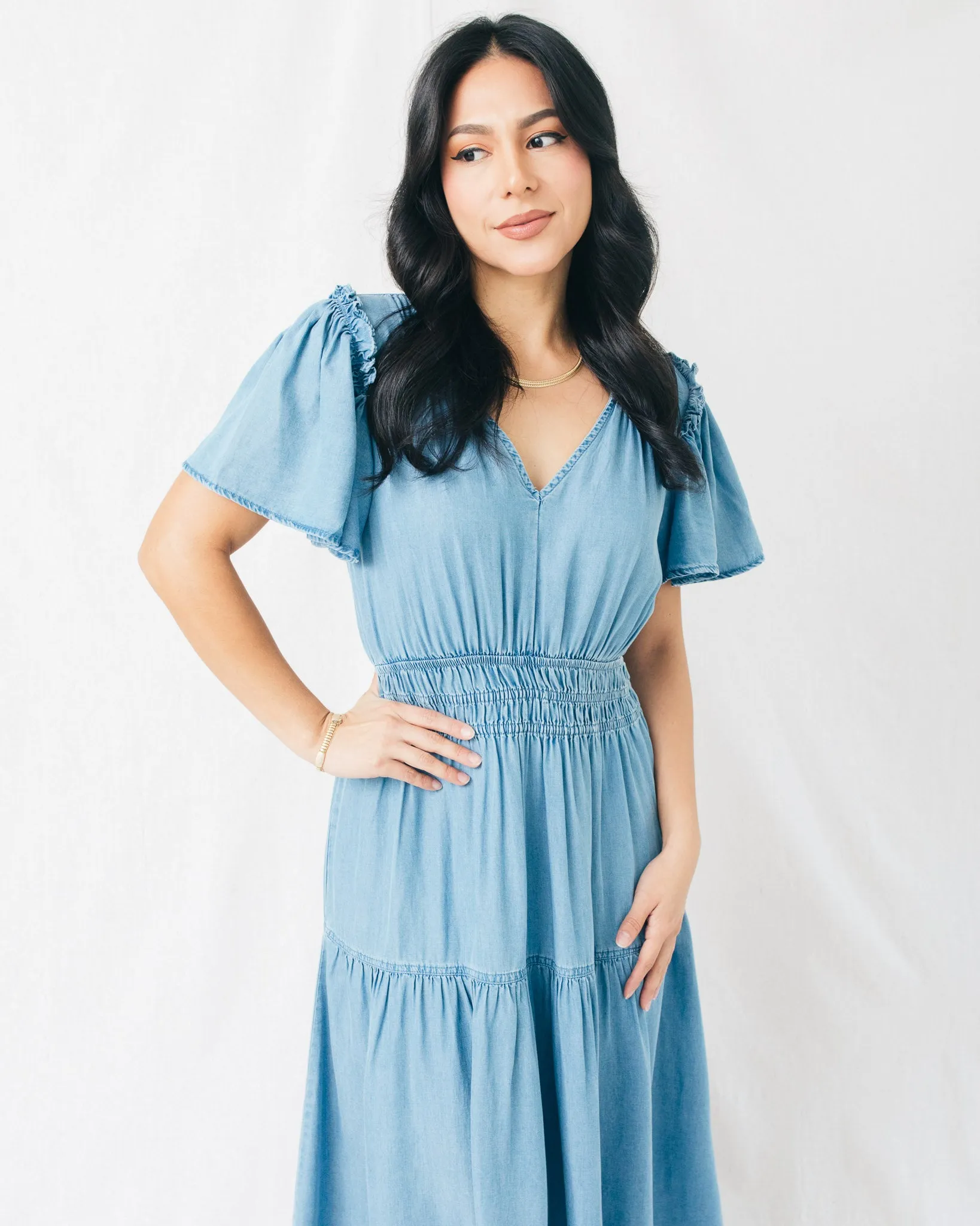 Celie V-Neck Empire Waist Short Sleeve Midi Dress