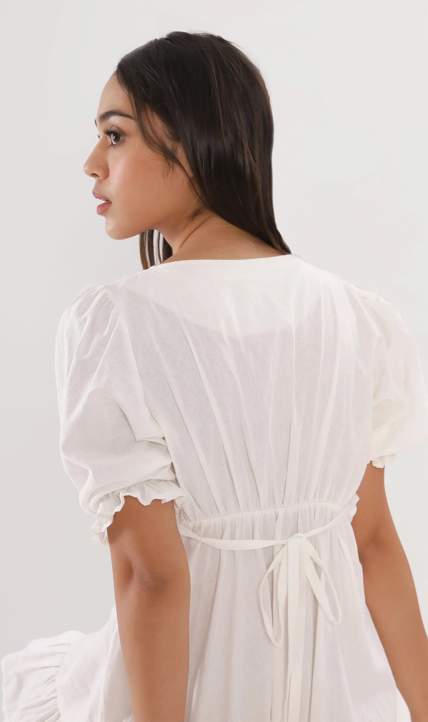 CLAUDETTE Ruched-Bust Ruffled Dress (White)